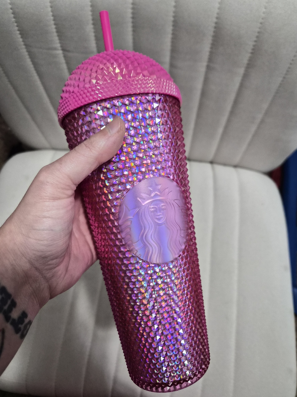 Pink Iridescent Studded Tumbler with Straw